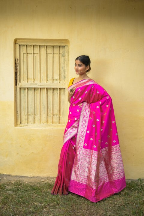 Rani Pink Katan Pure Silk Kadwa Saree - Panaya