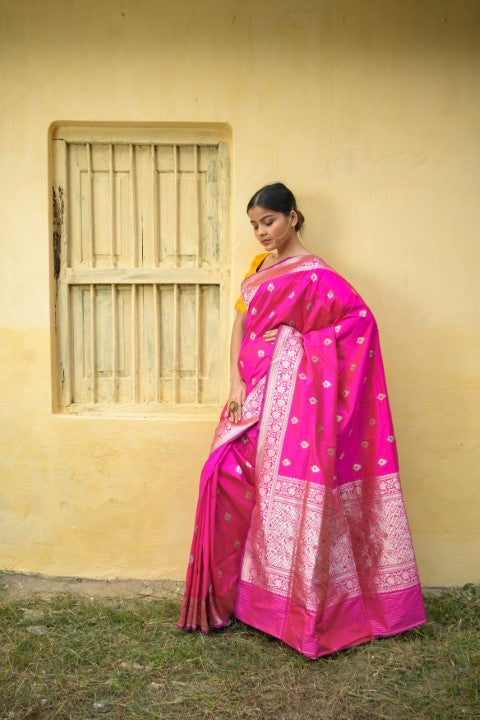 Rani Pink Katan Pure Silk Kadwa Saree - Panaya