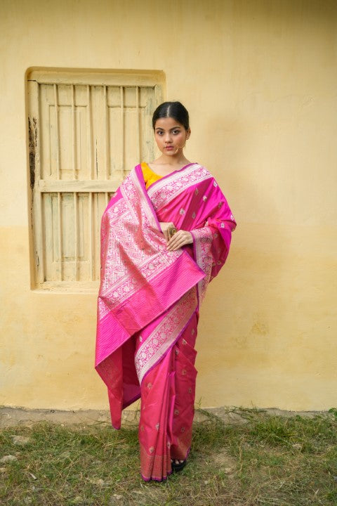 Rani Pink Katan Pure Silk Kadwa Saree