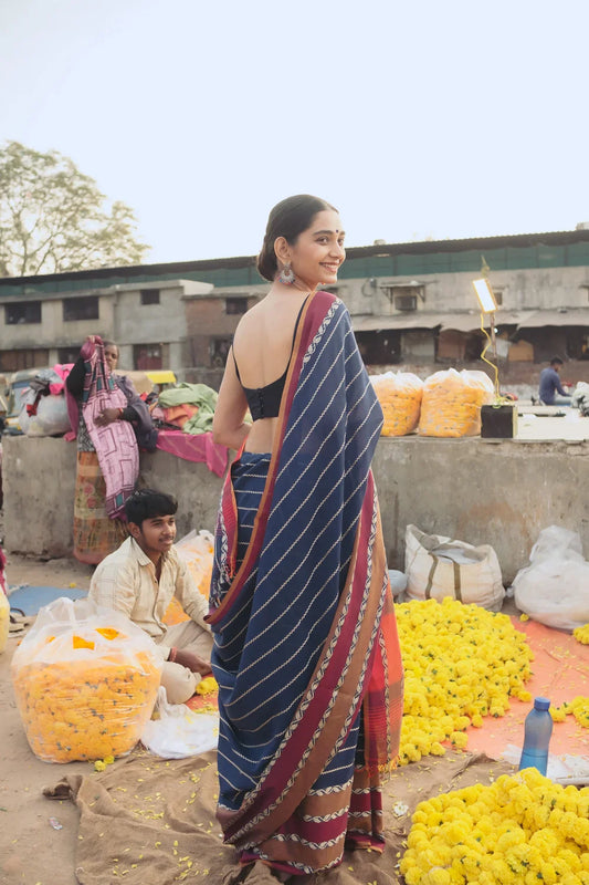 Handloom Navy Blue Cotton Saree With Zig Zag Stripes