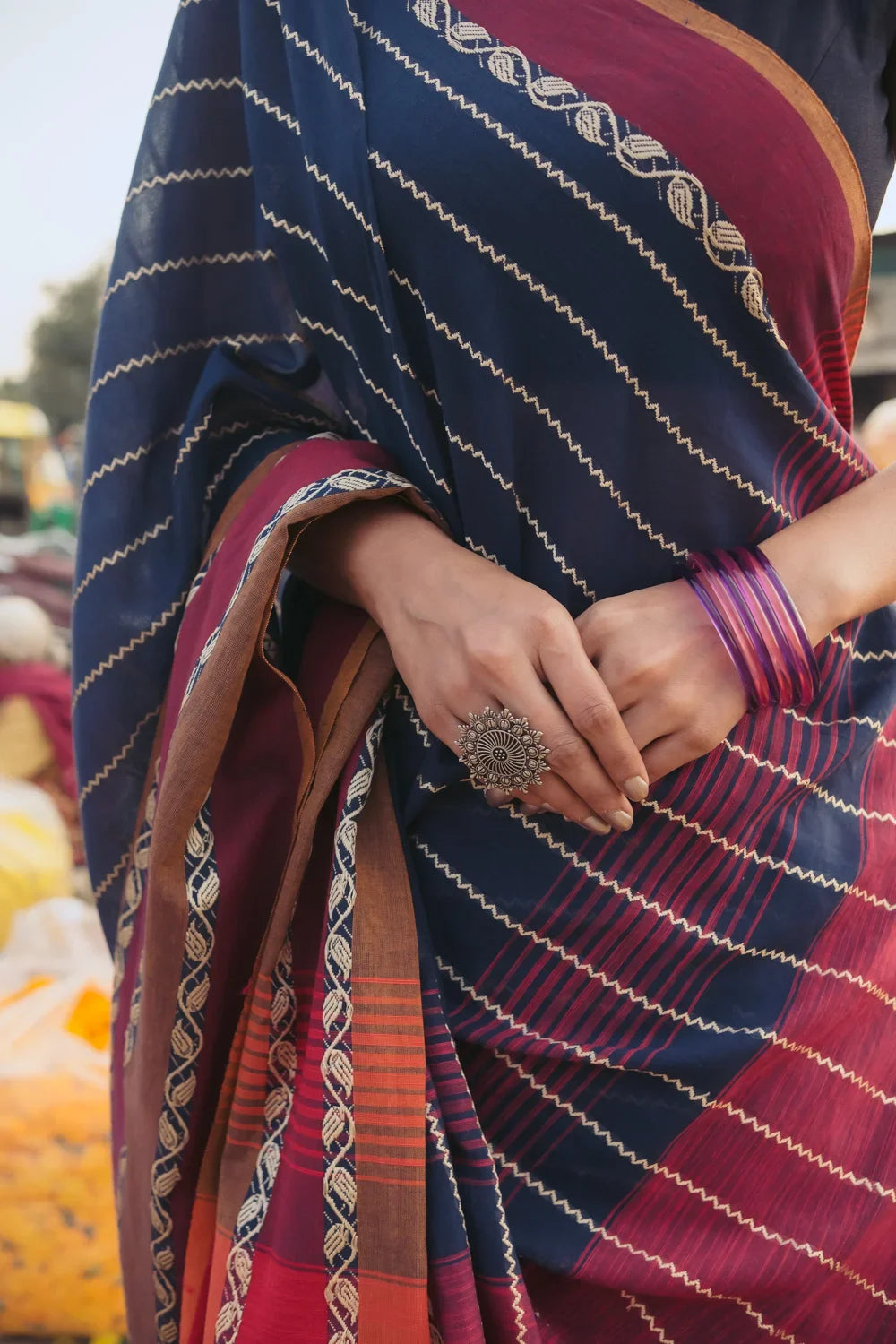 Handloom Navy Blue Cotton Saree With Zig Zag Stripes