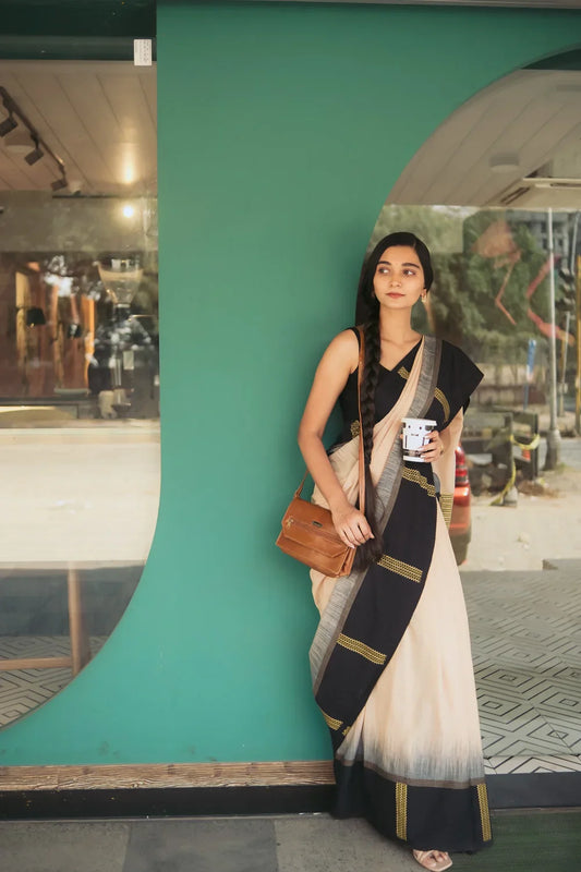 Handloom Light Brown Cotton Saree With Black  Border