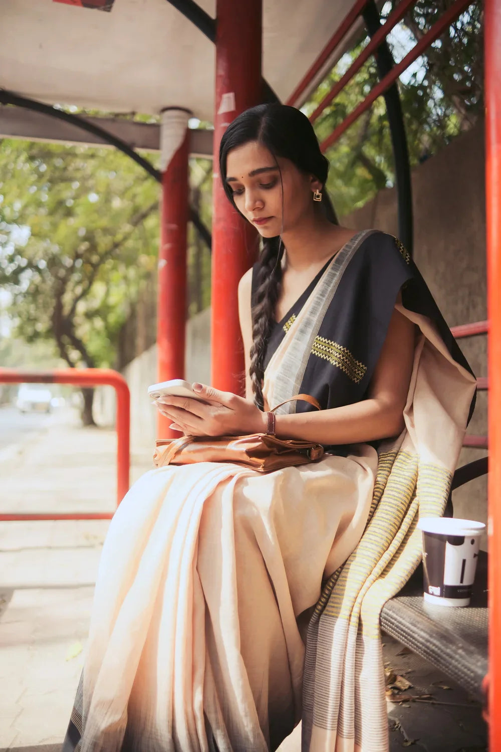 Handloom Light Brown Cotton Saree With Black  Border