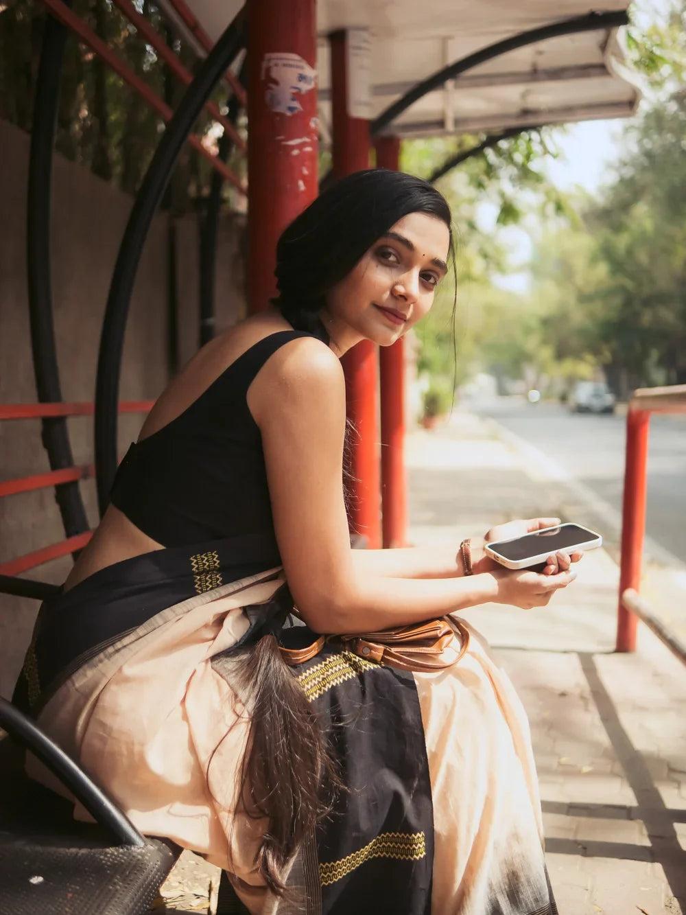 Handloom Light Brown Cotton Saree With Black  Border