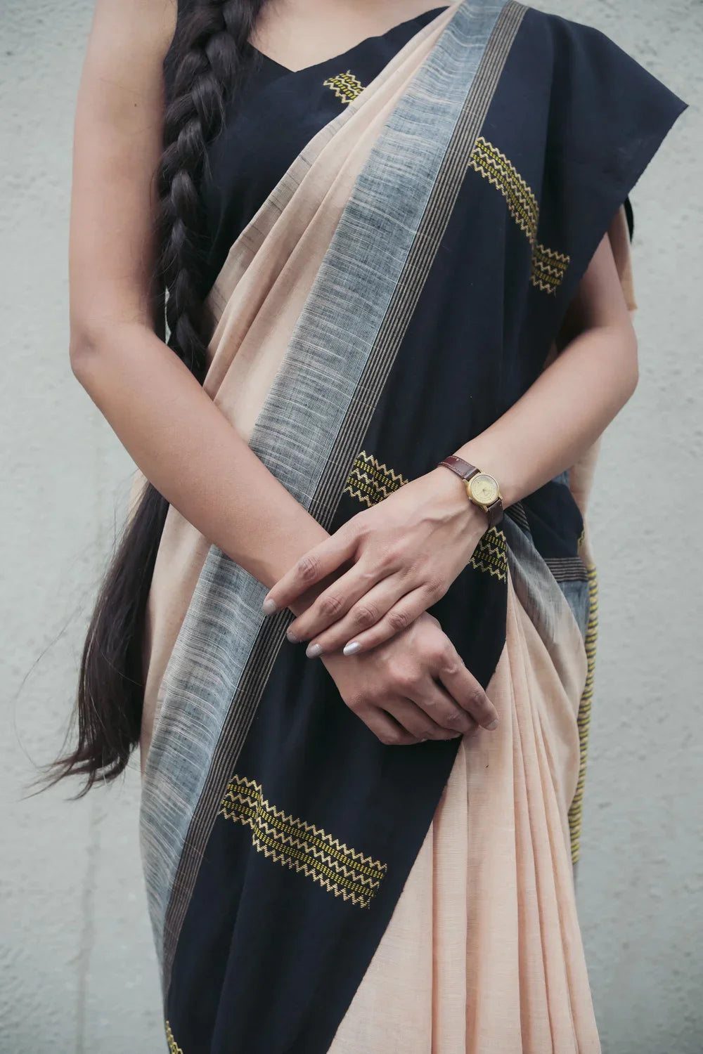 Handloom Light Brown Cotton Saree With Black  Border