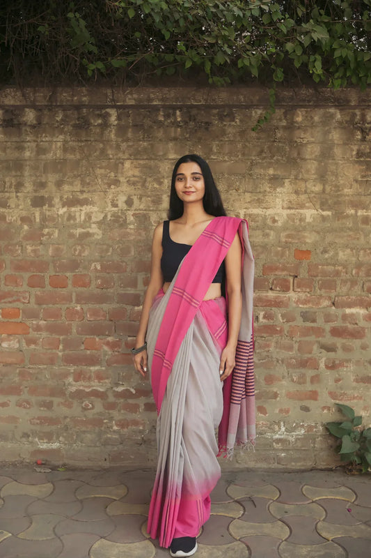 Handloom Grey Soft Cotton Saree With Pink Border