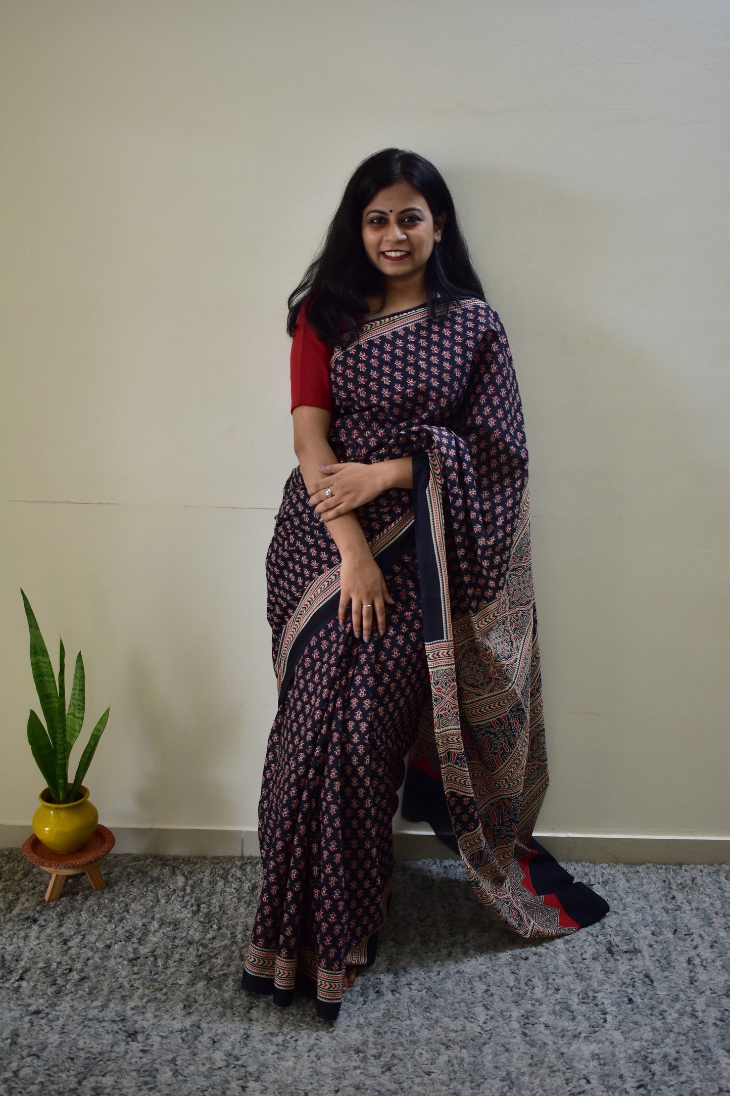 Maa-Si -  Black Ajarkh Handblock - Cotton Mulmul Handblock Saree