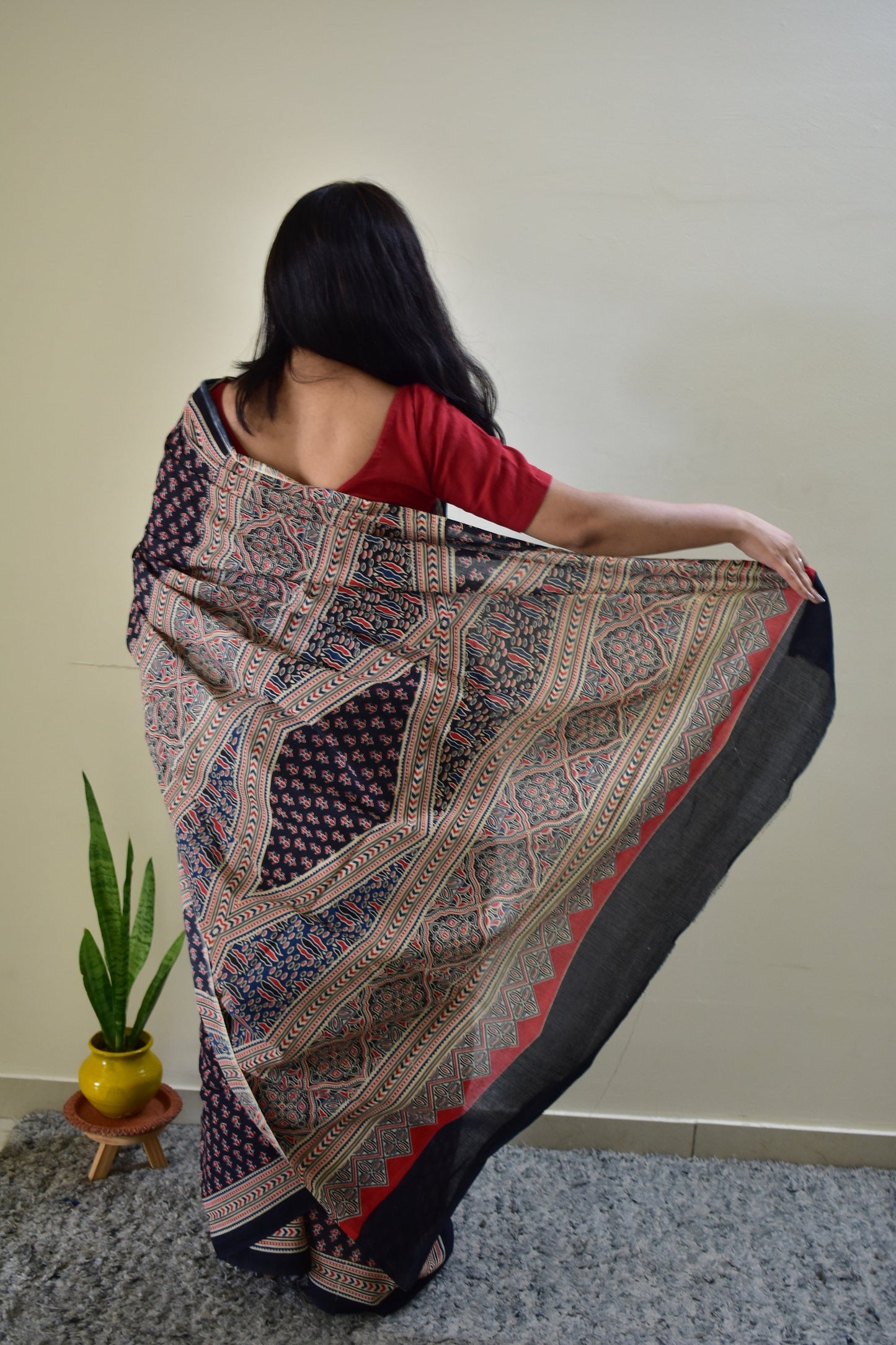 Maa-Si - Black Ajarkh Handblock - Cotton Mulmul Handblock Saree