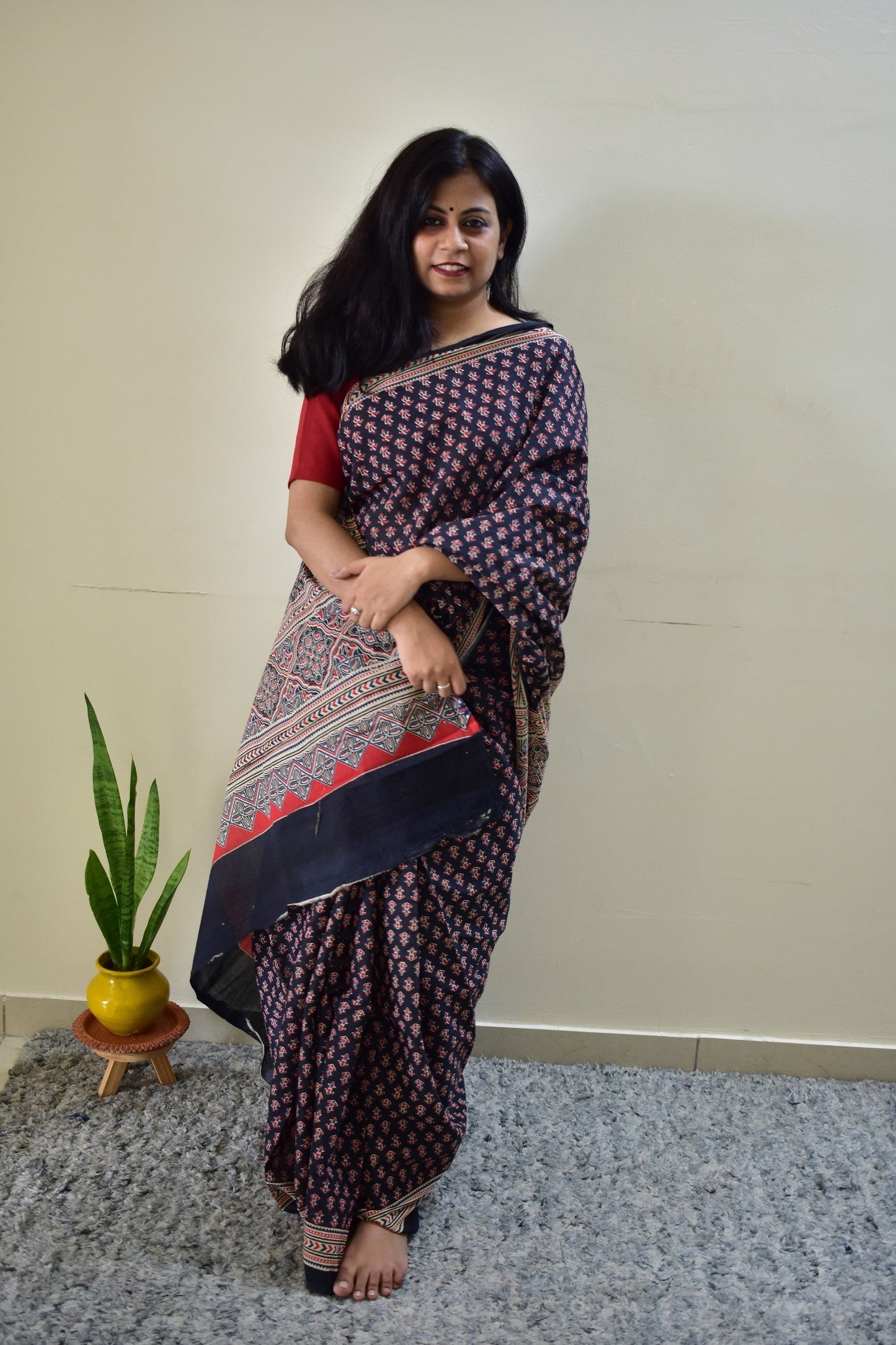 Maa-Si -  Black Ajarkh Handblock - Cotton Mulmul Handblock Saree