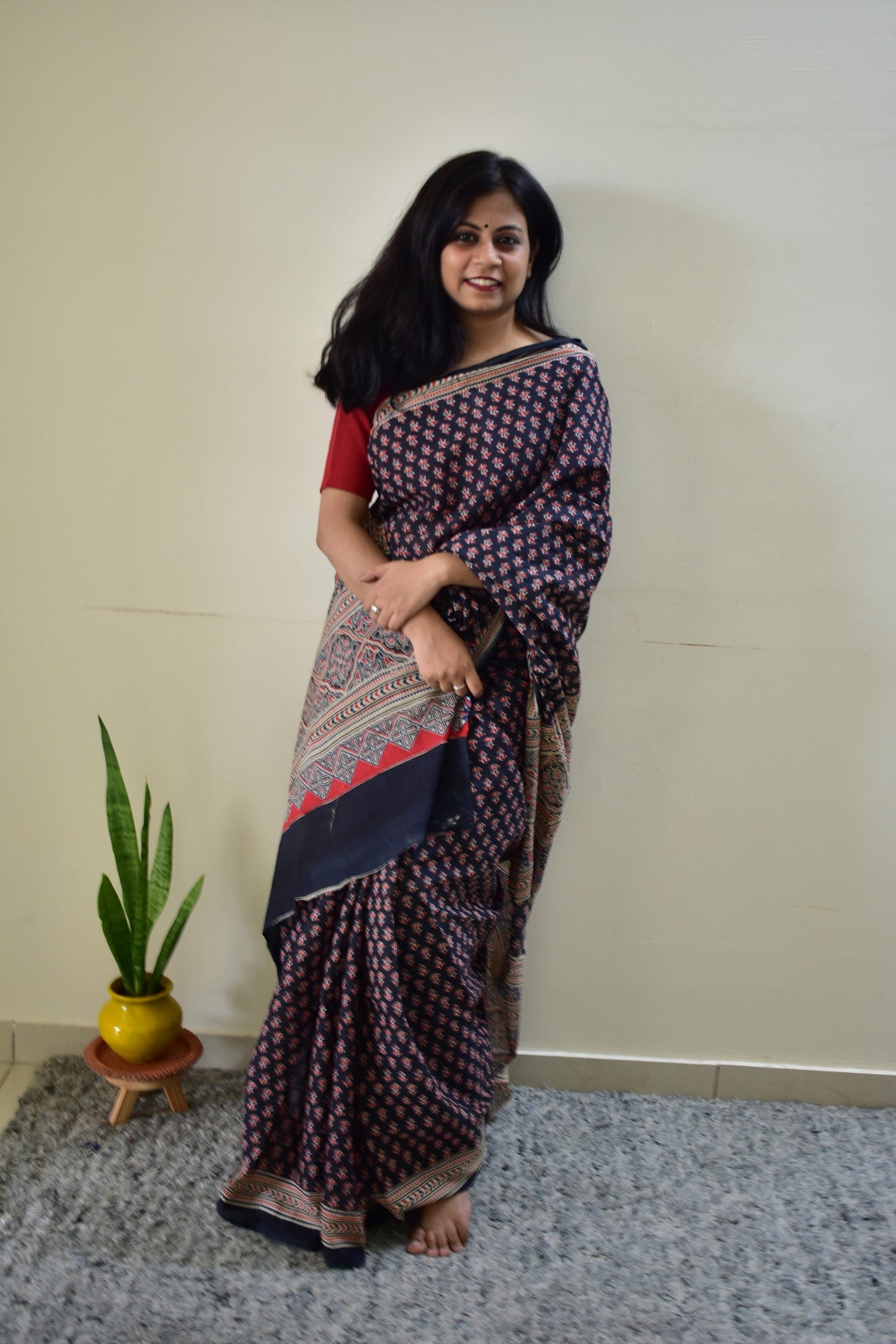 Maa-Si -  Black Ajarkh Handblock - Cotton Mulmul Handblock Saree