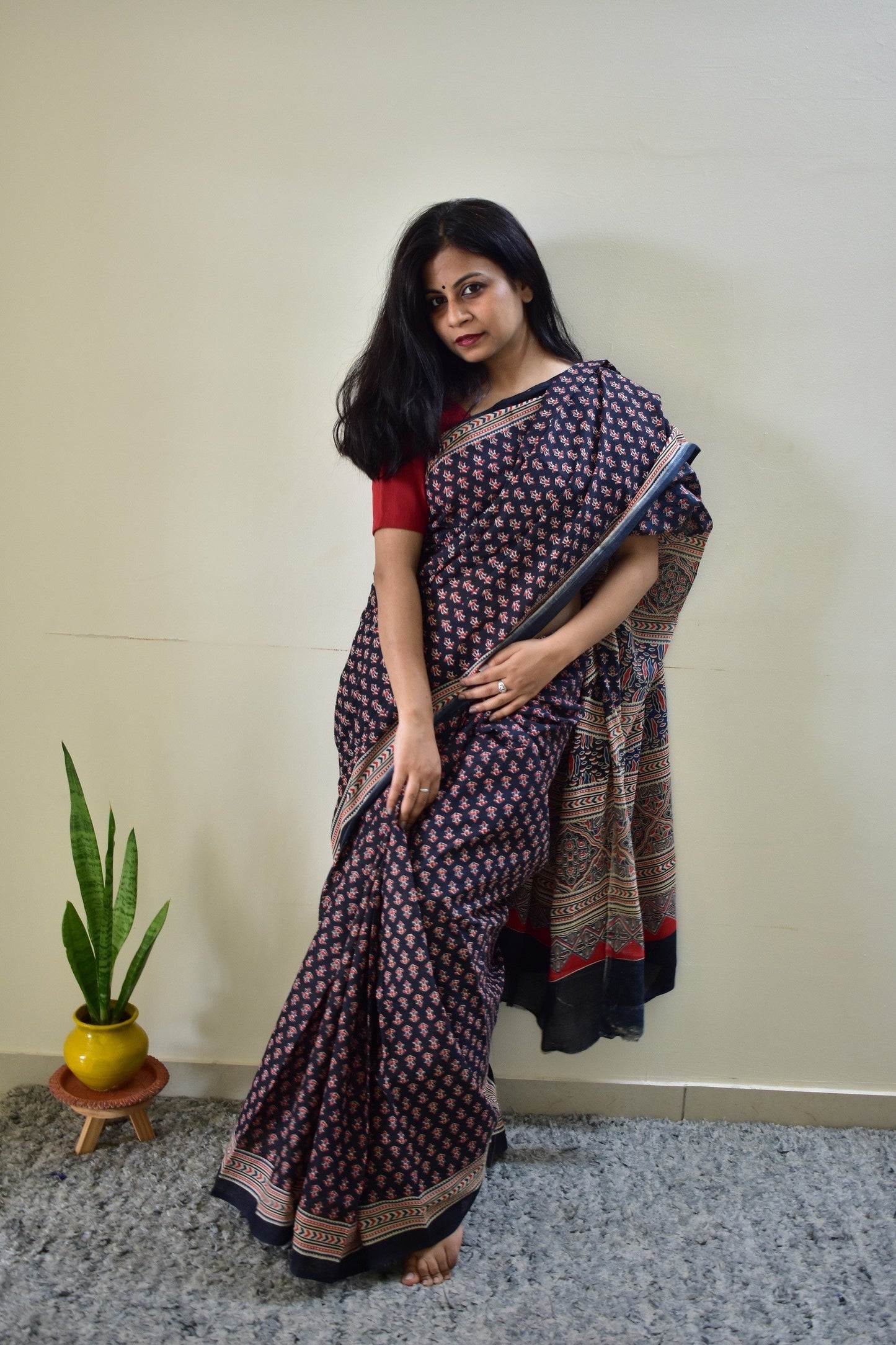 Maa-Si -  Black Ajarkh Handblock - Cotton Mulmul Handblock Saree