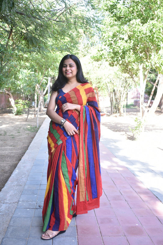 Pride - Multi Handblock Print Natural Dyed - Mulmul Cotton Saree