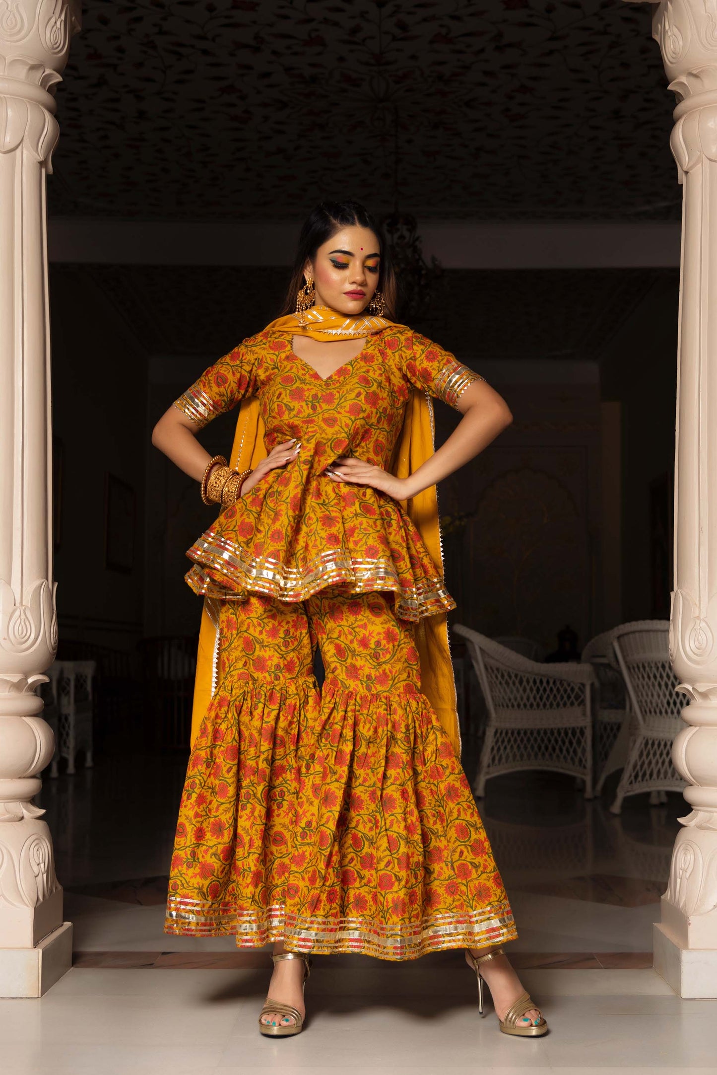 Jarokha Darpan Mustard Yellow hand block cotton Sharara Set