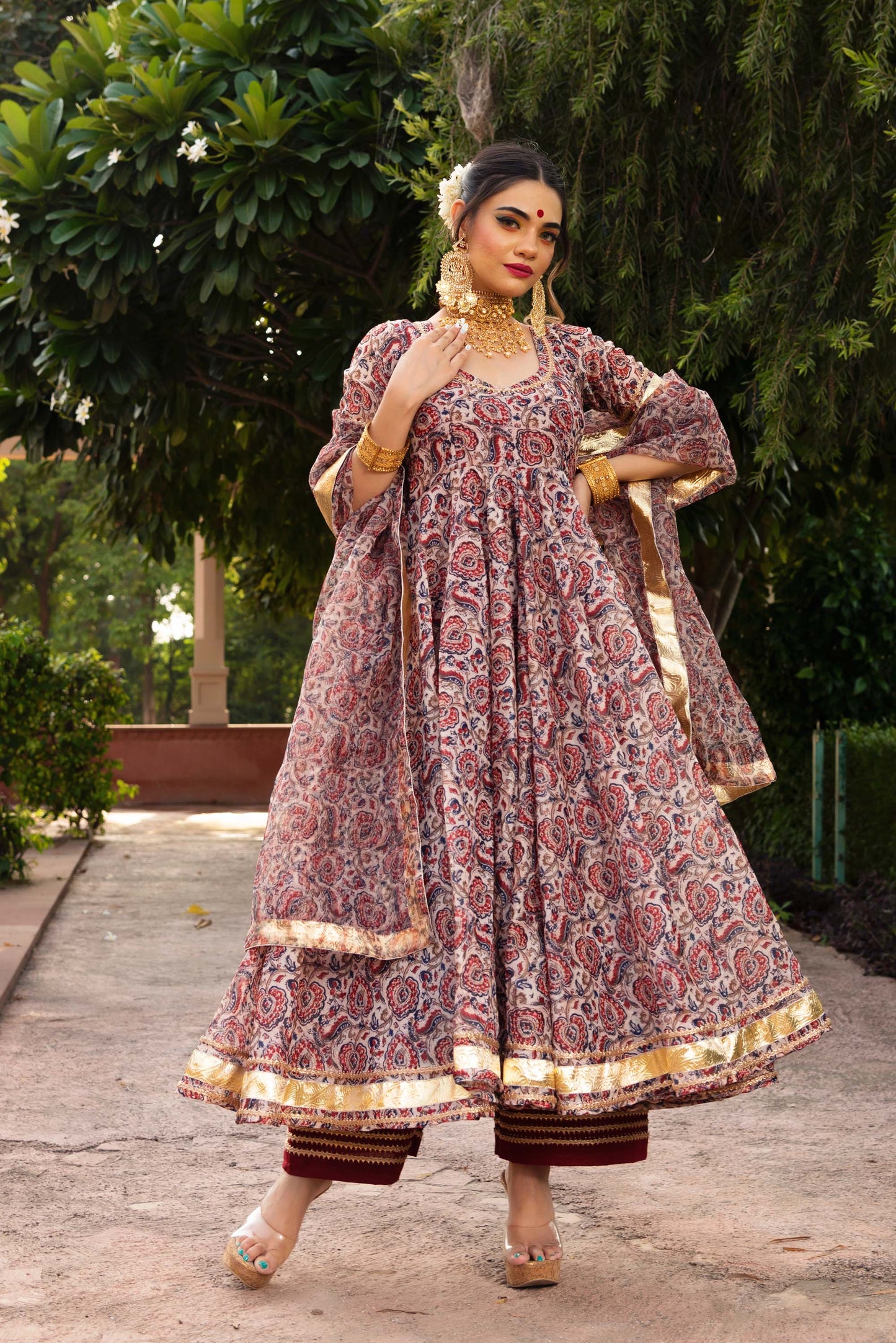 Jarokha Maroon Gulbagh Organza Anarkali Set