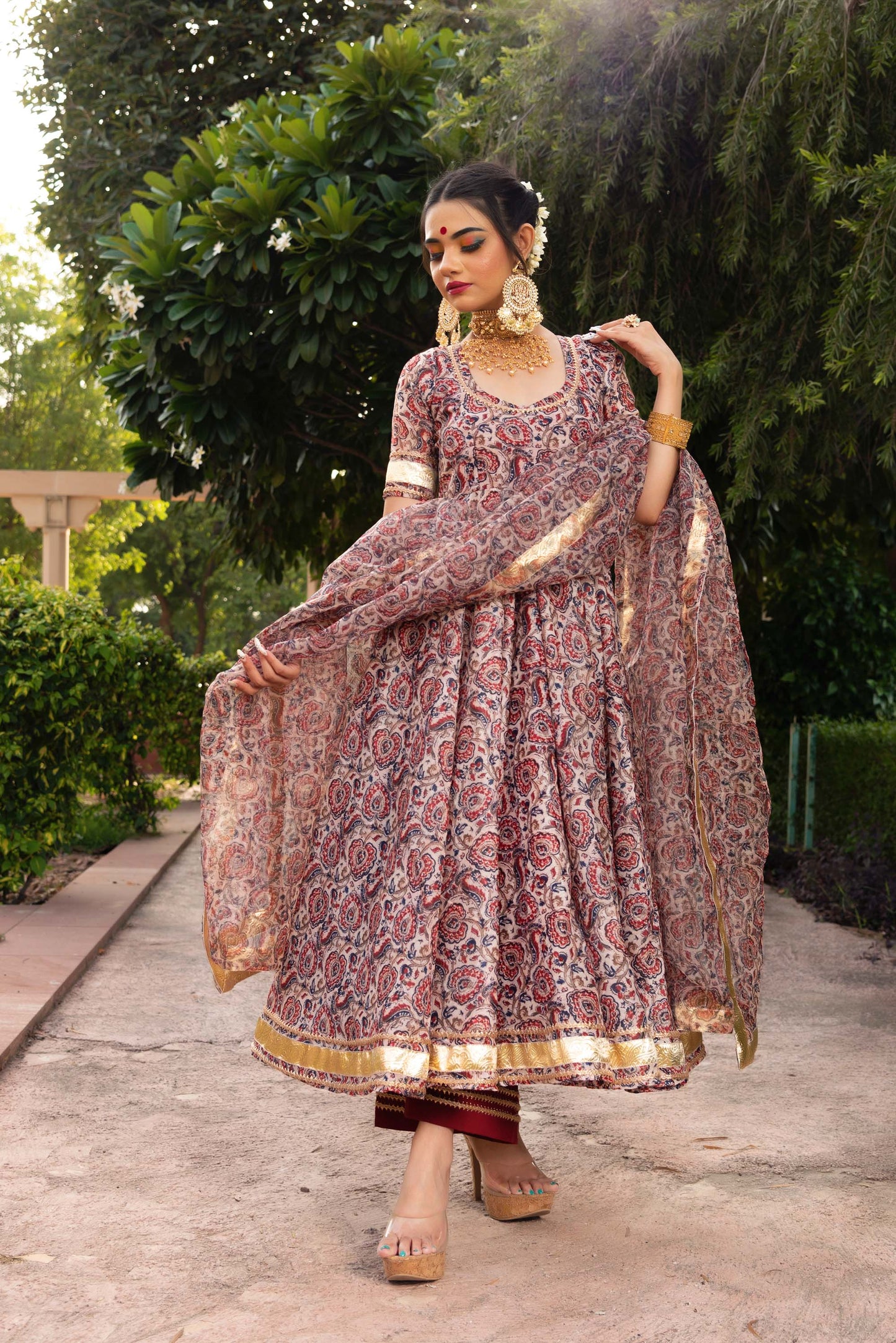 Jarokha Maroon Gulbagh Organza Anarkali Set