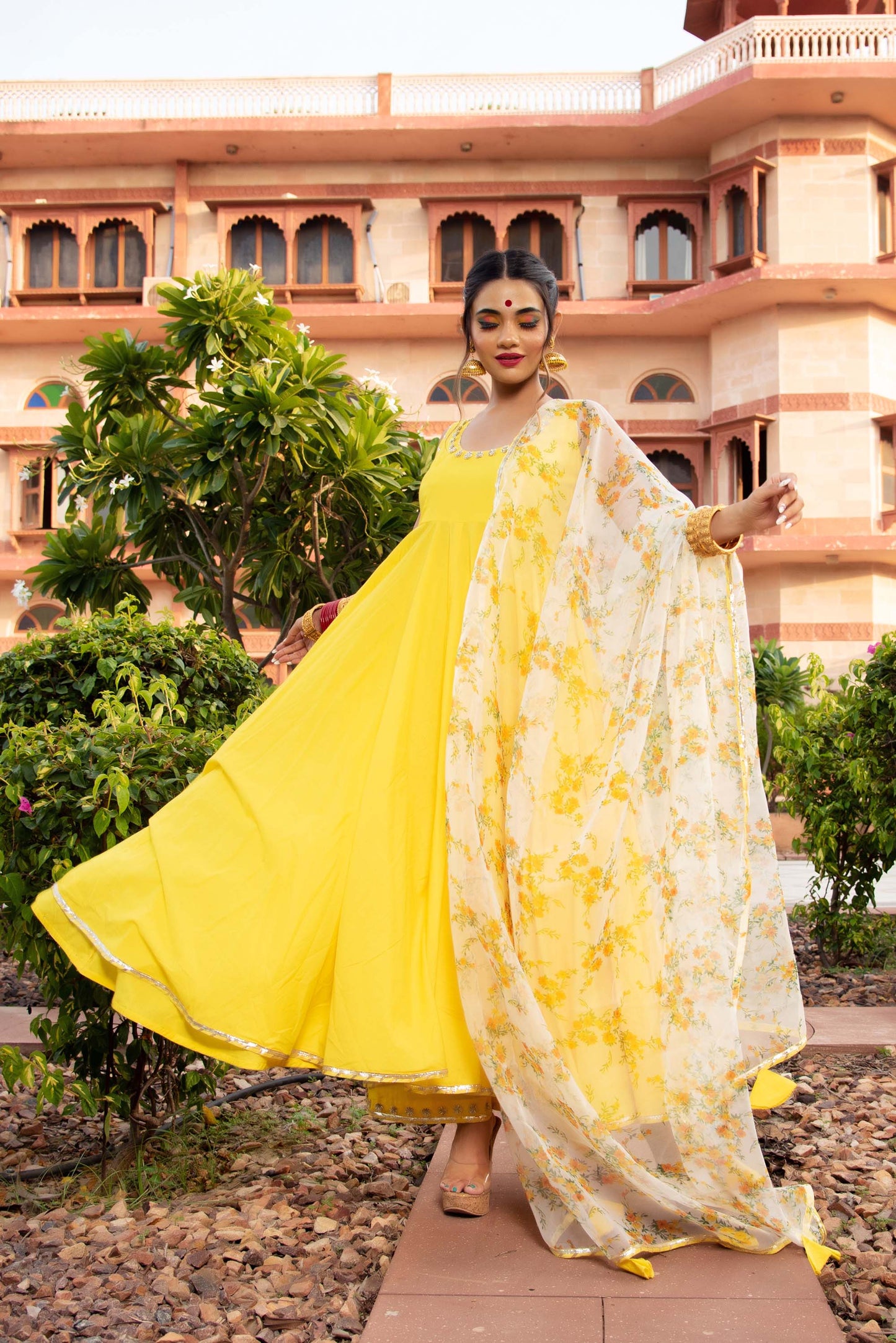 Jarokha Yellow Berry Cotton Anarkali Set