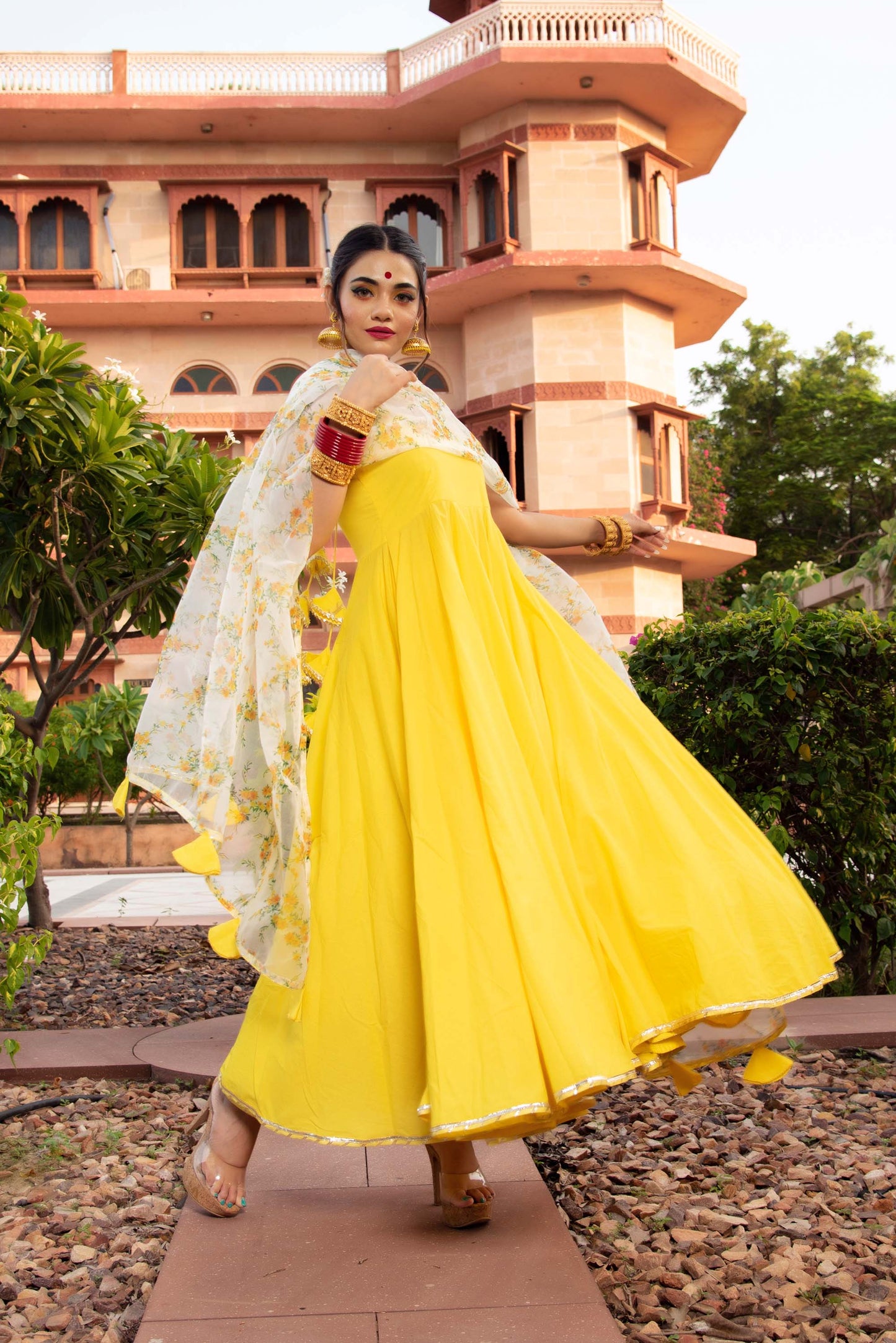 Jarokha Yellow Berry Cotton Anarkali Set