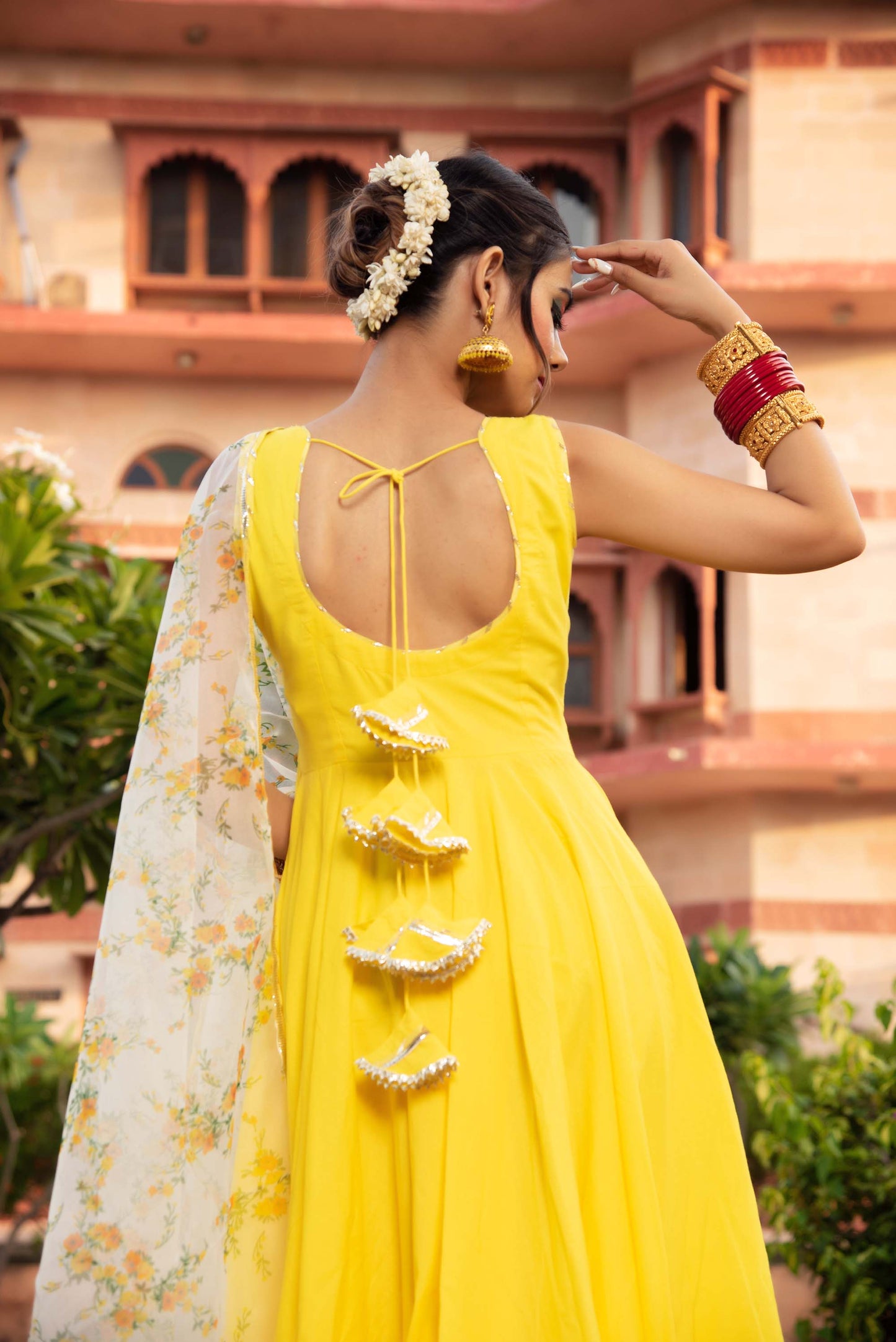 Jarokha Yellow Berry Cotton Anarkali Set