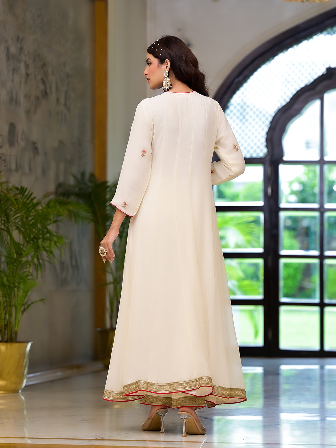 Cream Embroidered Zari Work Georgette  Kurta Set