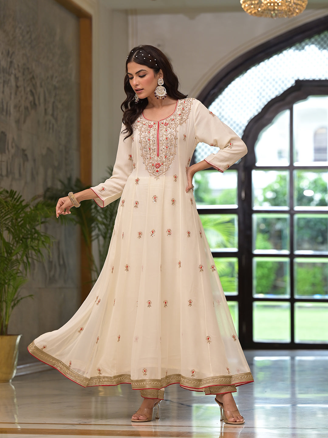 Cream Embroidered Zari Work Georgette  Kurta Set