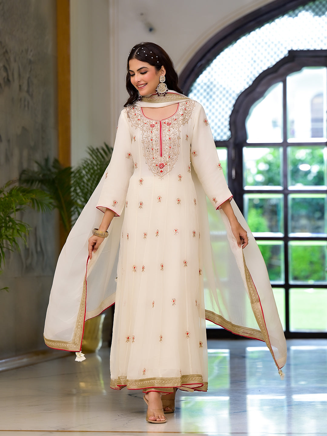 Cream Embroidered Zari Work Georgette  Kurta Set