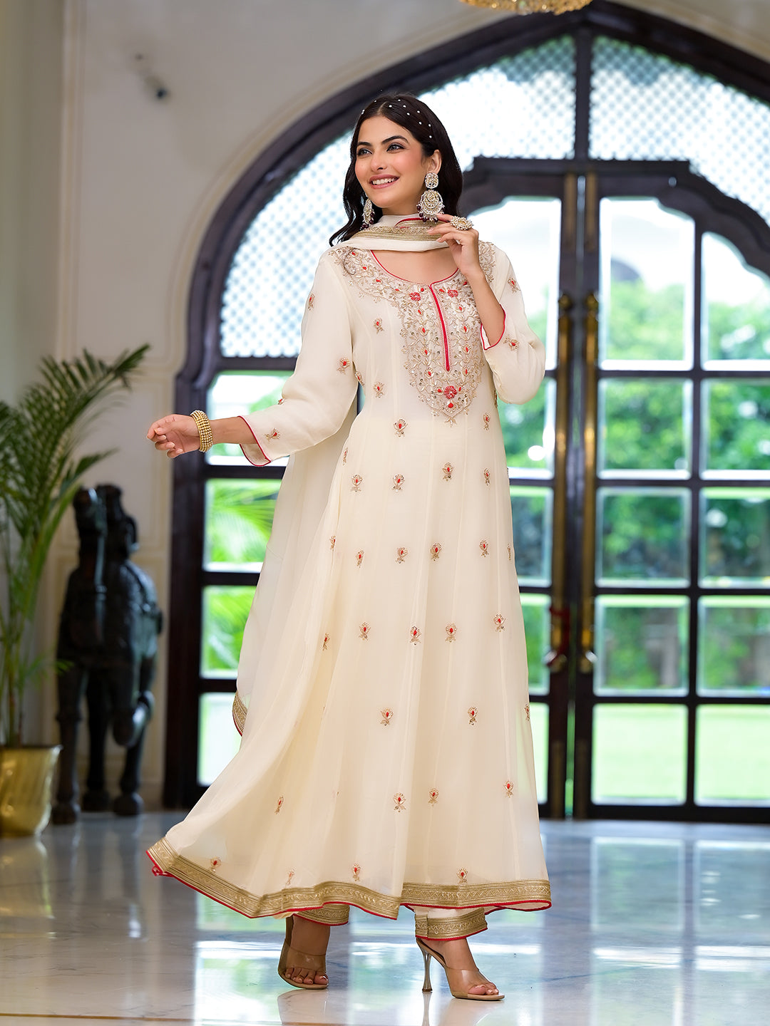 Cream Embroidered Zari Work Georgette  Kurta Set