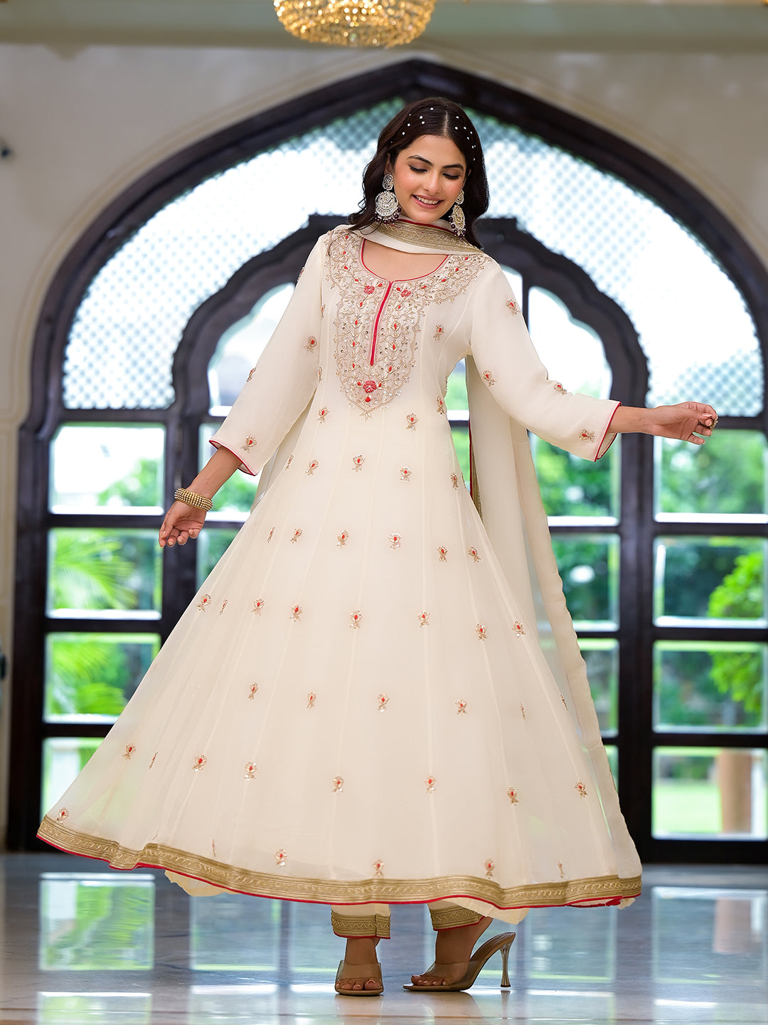 Cream Embroidered Zari Work Georgette  Kurta Set