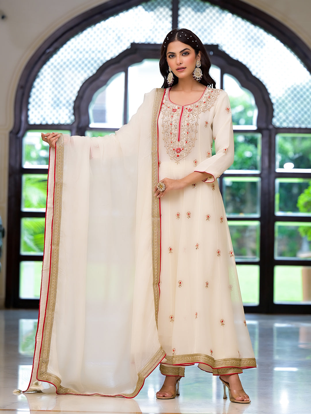 Cream Embroidered Zari Work Georgette  Kurta Set