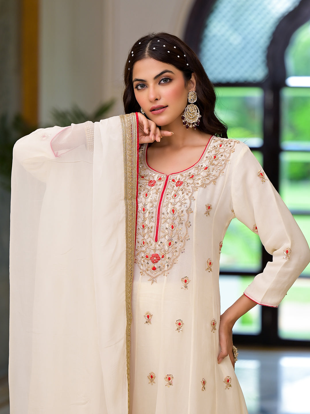 Cream Embroidered Zari Work Georgette  Kurta Set