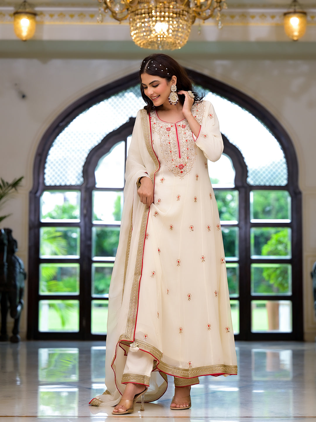 Cream Embroidered Zari Work Georgette  Kurta Set