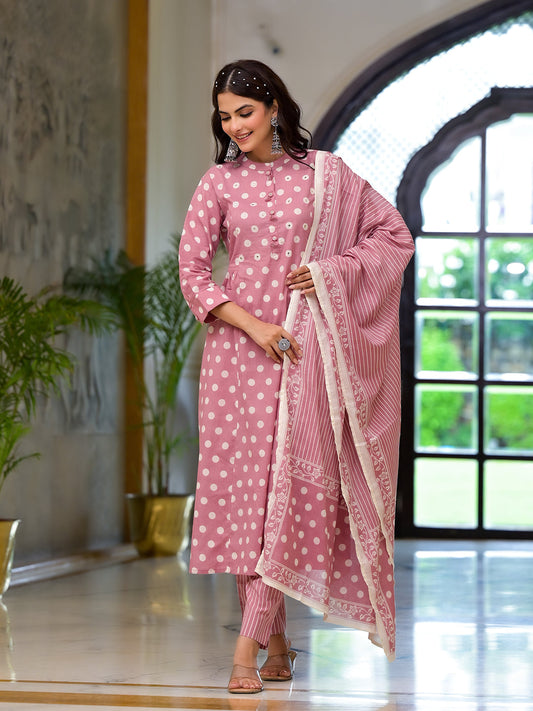 Light Pink Printed Pure Cotton Straight Kurta & Trouser with Dupatta