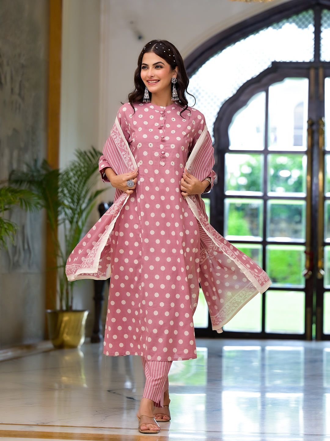 Light Pink Printed Pure Cotton Straight Kurta & Trouser with Dupatta