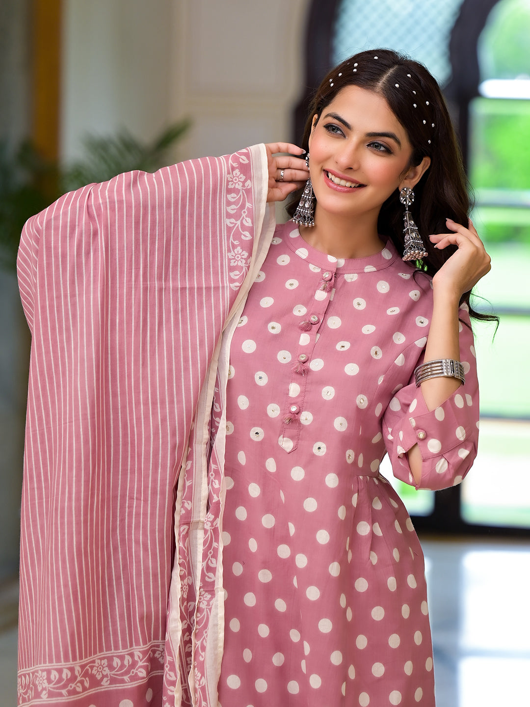 Light Pink Printed Pure Cotton Straight Kurta & Trouser with Dupatta