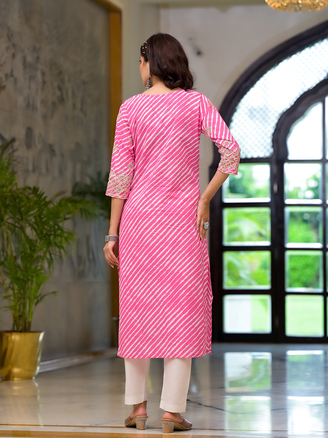 Pink Leheriya Print Embroidered Pure Cotton Straight Kurta