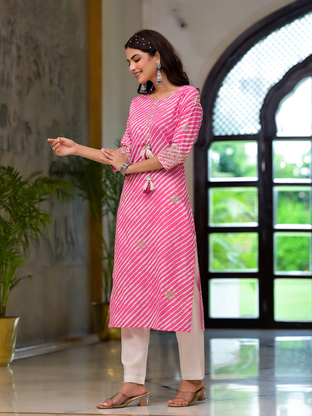 Pink Leheriya Print Embroidered Pure Cotton Straight Kurta