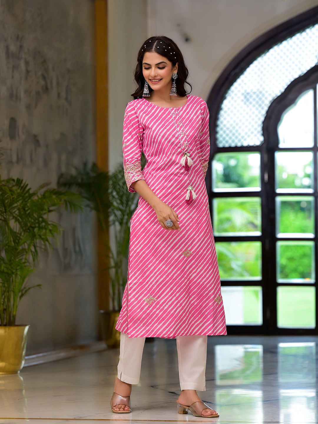 Pink Leheriya Print Embroidered Pure Cotton Straight Kurta