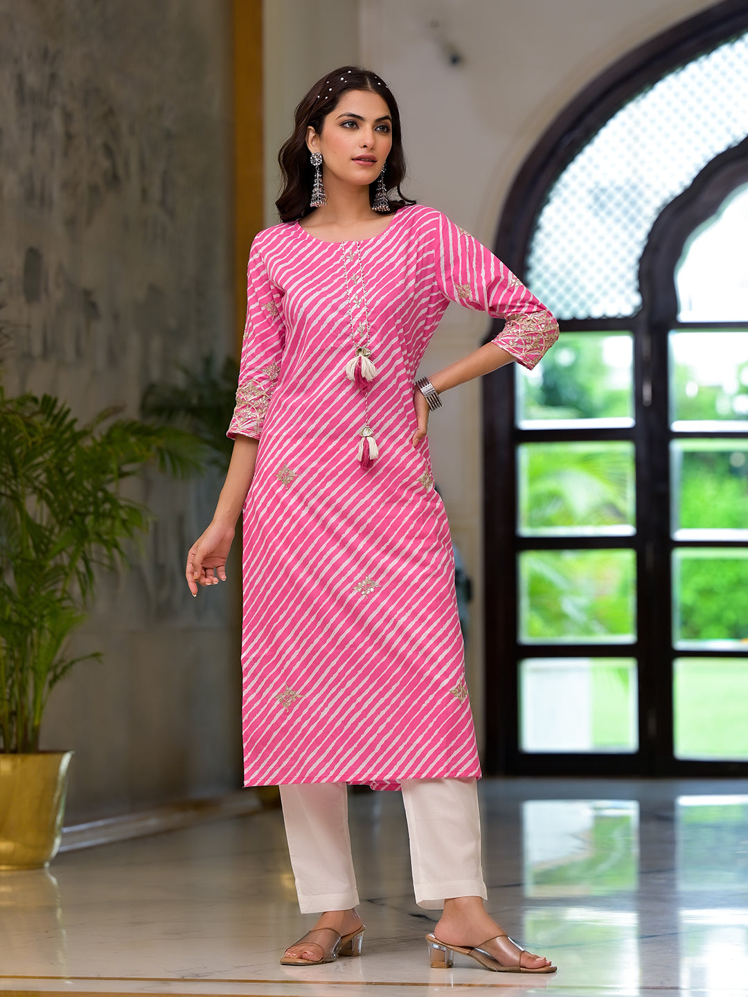 Pink Leheriya Print Embroidered Pure Cotton Straight Kurta