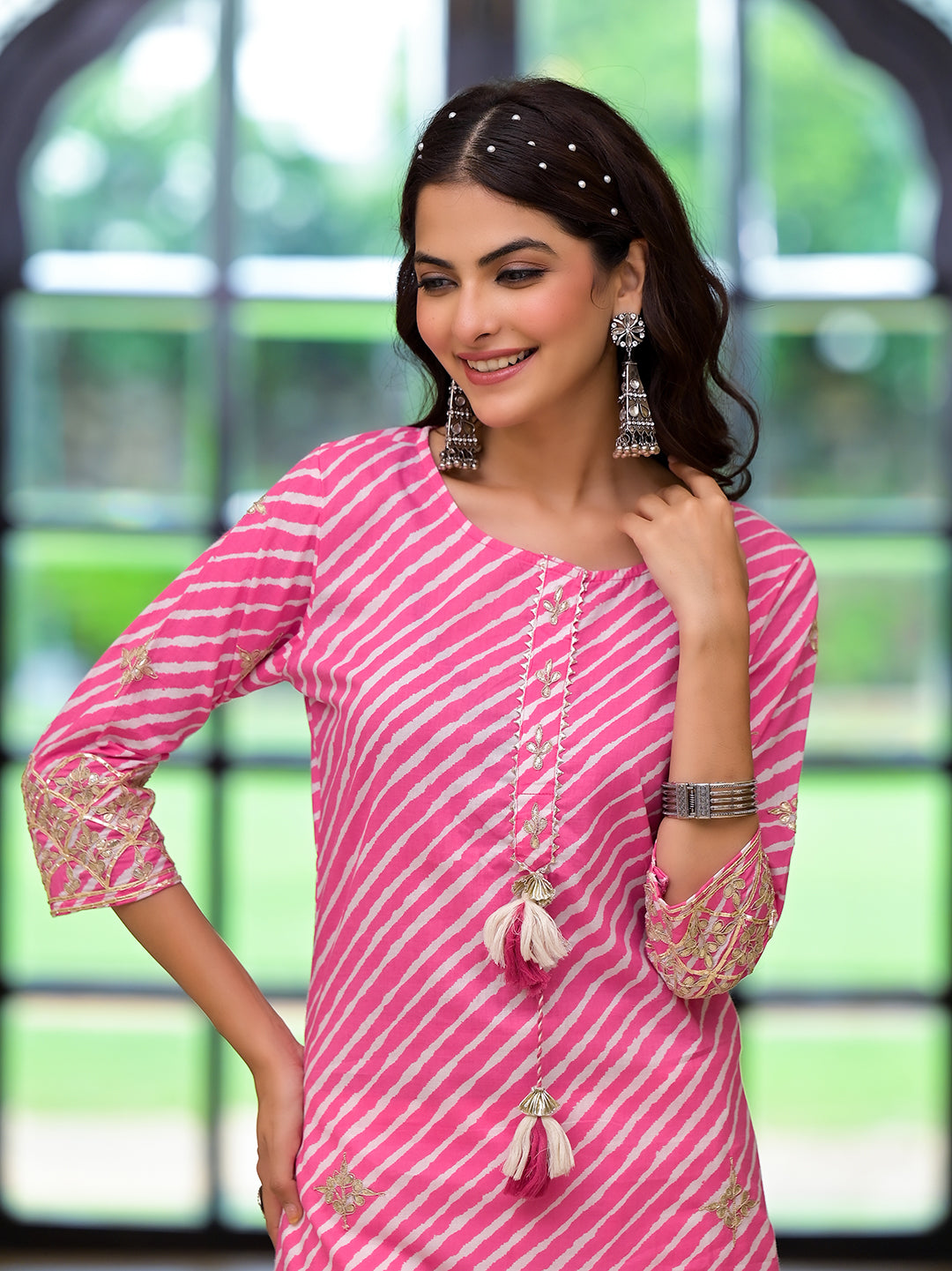 Pink Leheriya Print Embroidered Pure Cotton Straight Kurta