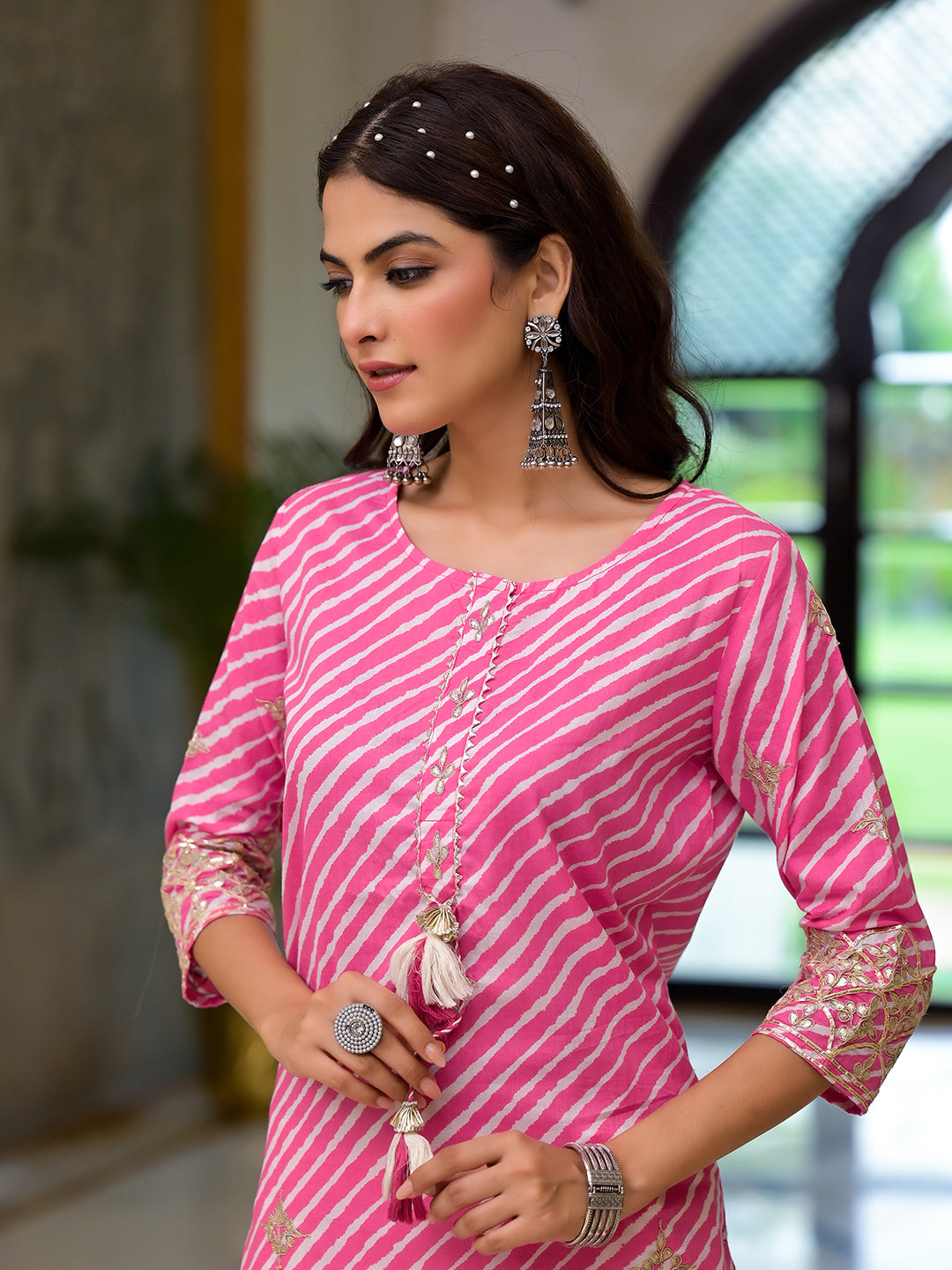 Pink Leheriya Print Embroidered Pure Cotton Straight Kurta