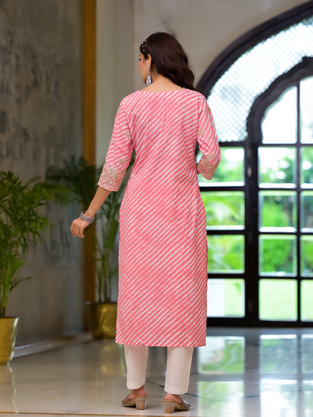 Peach Leheriya Print Embroidered Pure Cotton Straight Kurta