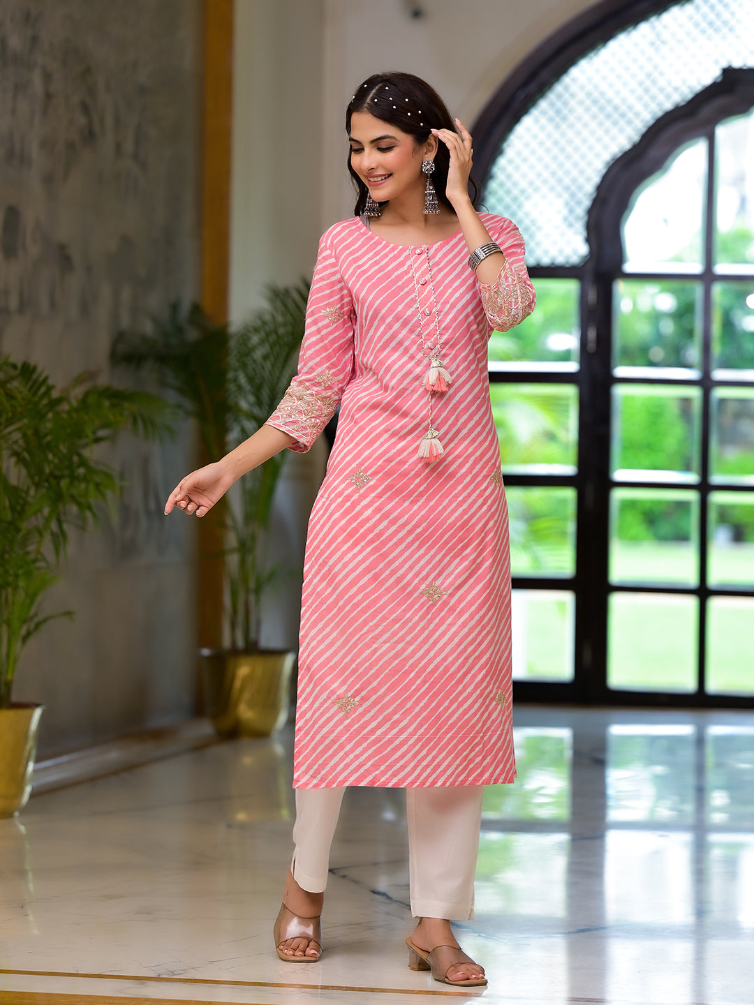 Peach Leheriya Print Embroidered Pure Cotton Straight Kurta