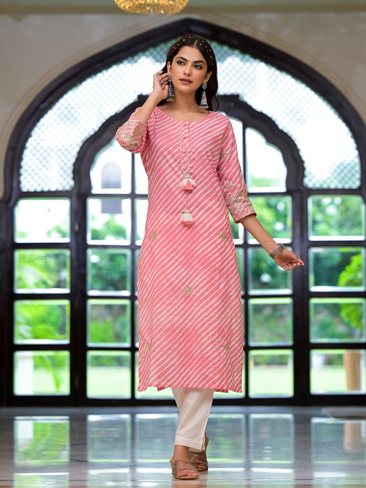 Peach Leheriya Print Embroidered Pure Cotton Straight Kurta