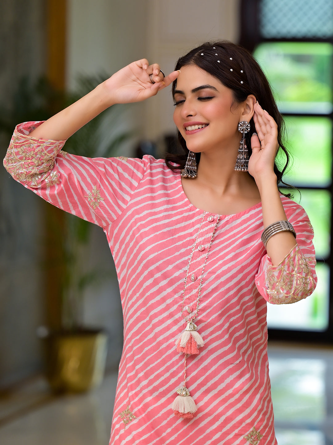 Peach Leheriya Print Embroidered Pure Cotton Straight Kurta