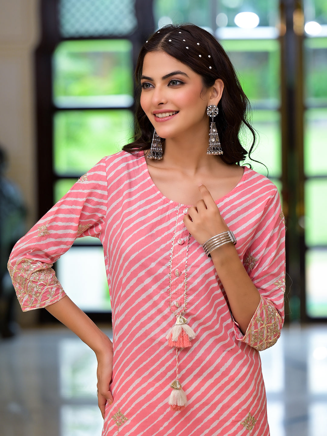 Peach Leheriya Print Embroidered Pure Cotton Straight Kurta