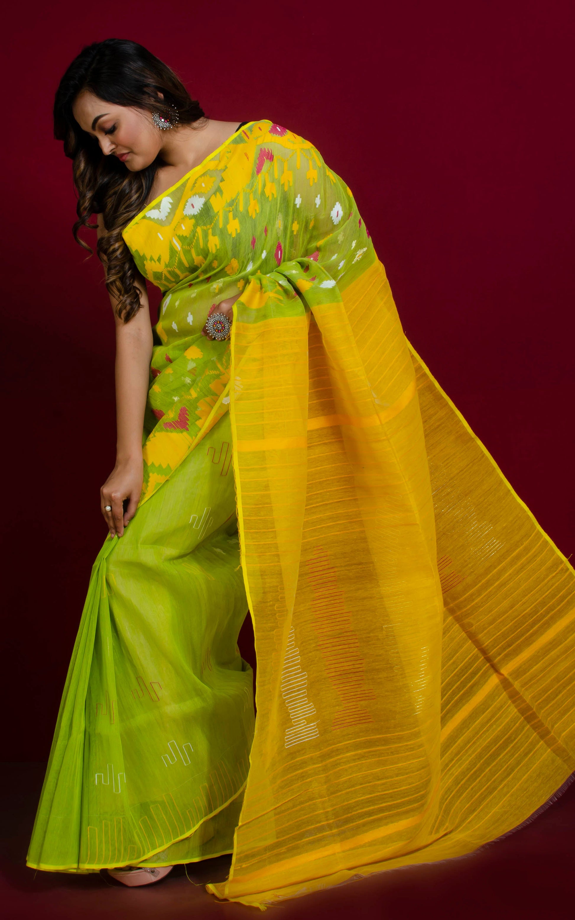 Hand Karat Work Muslin Jamdani Saree in Lime Green, Bright Yellow, Magenta and White