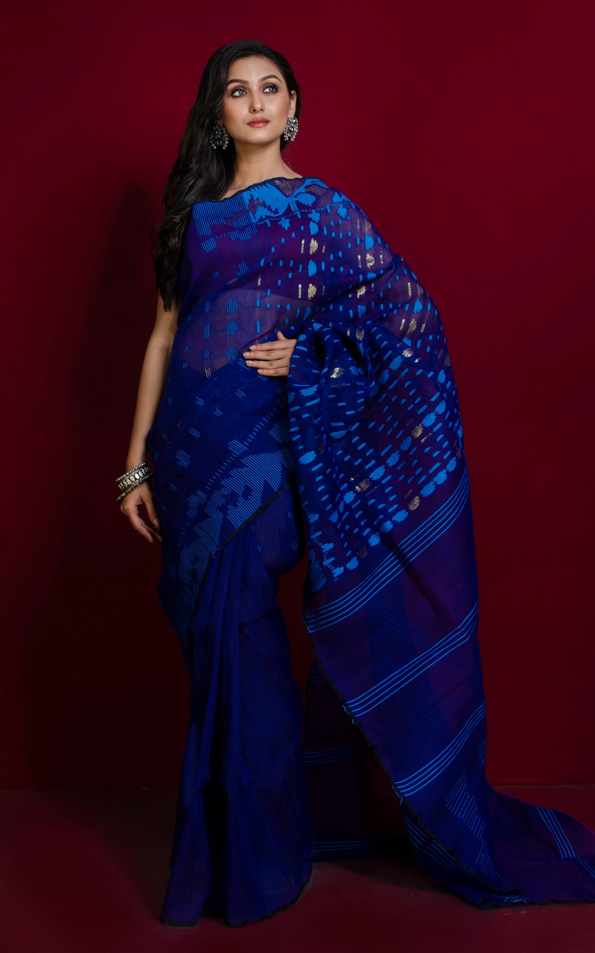 Hand Karat Work Muslin Jamdani Saree in Navy Blue, Azure Blue and Gold