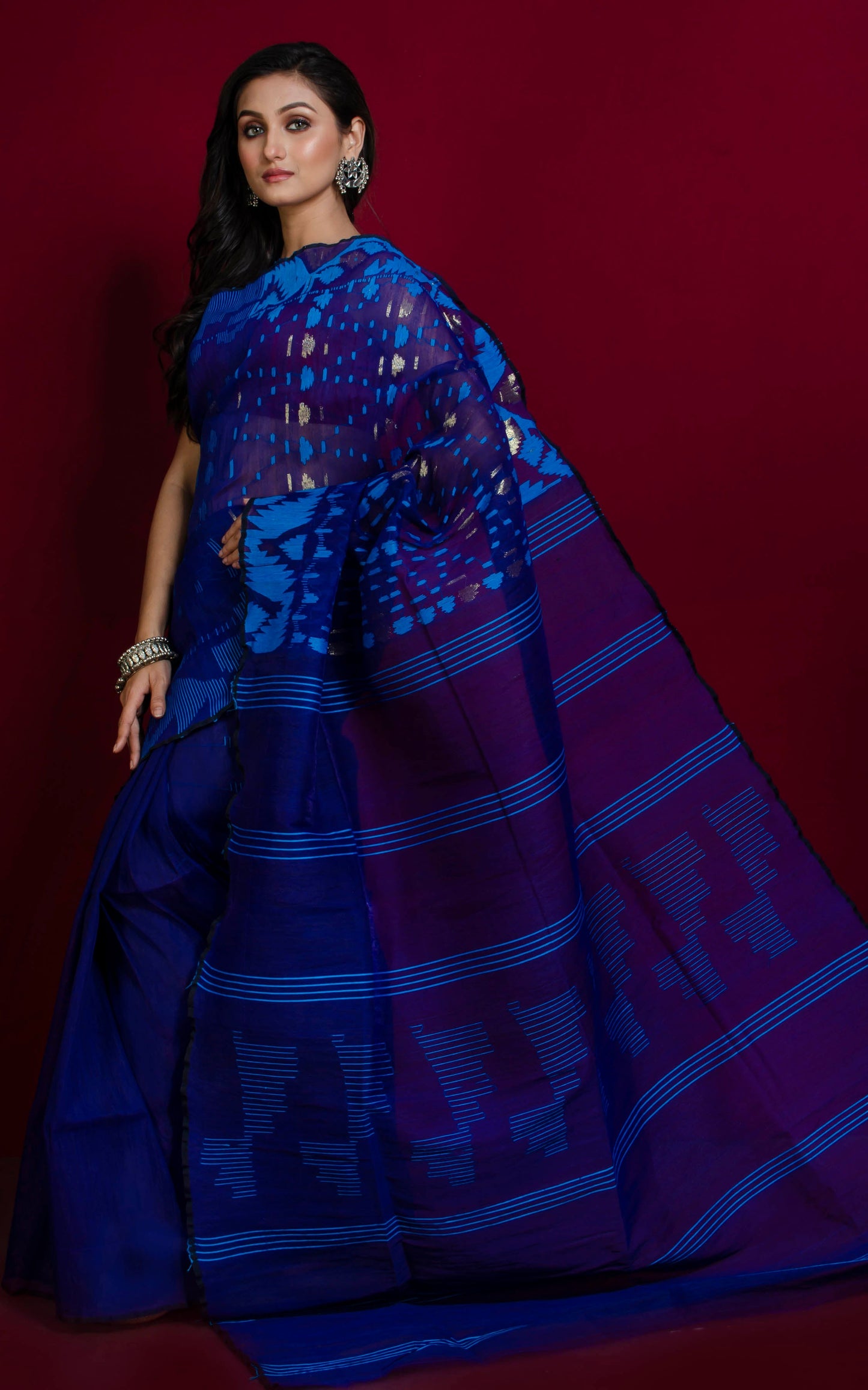 Hand Karat Work Muslin Jamdani Saree in Navy Blue, Azure Blue and Gold