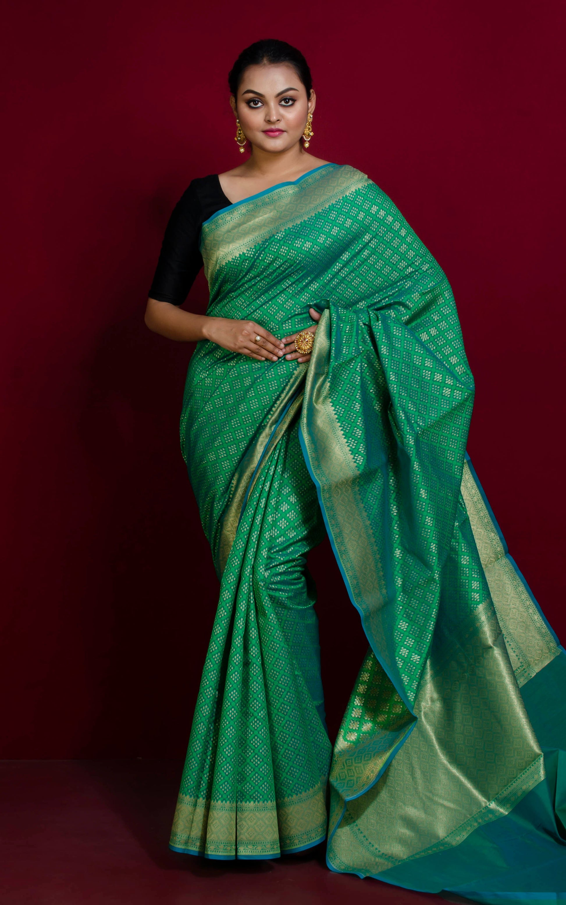 Handwoven Bandhani Pattern Work Cotton Chanderi Saree in Fern Green, Cerulean Blue and Gold Matte Zari Work