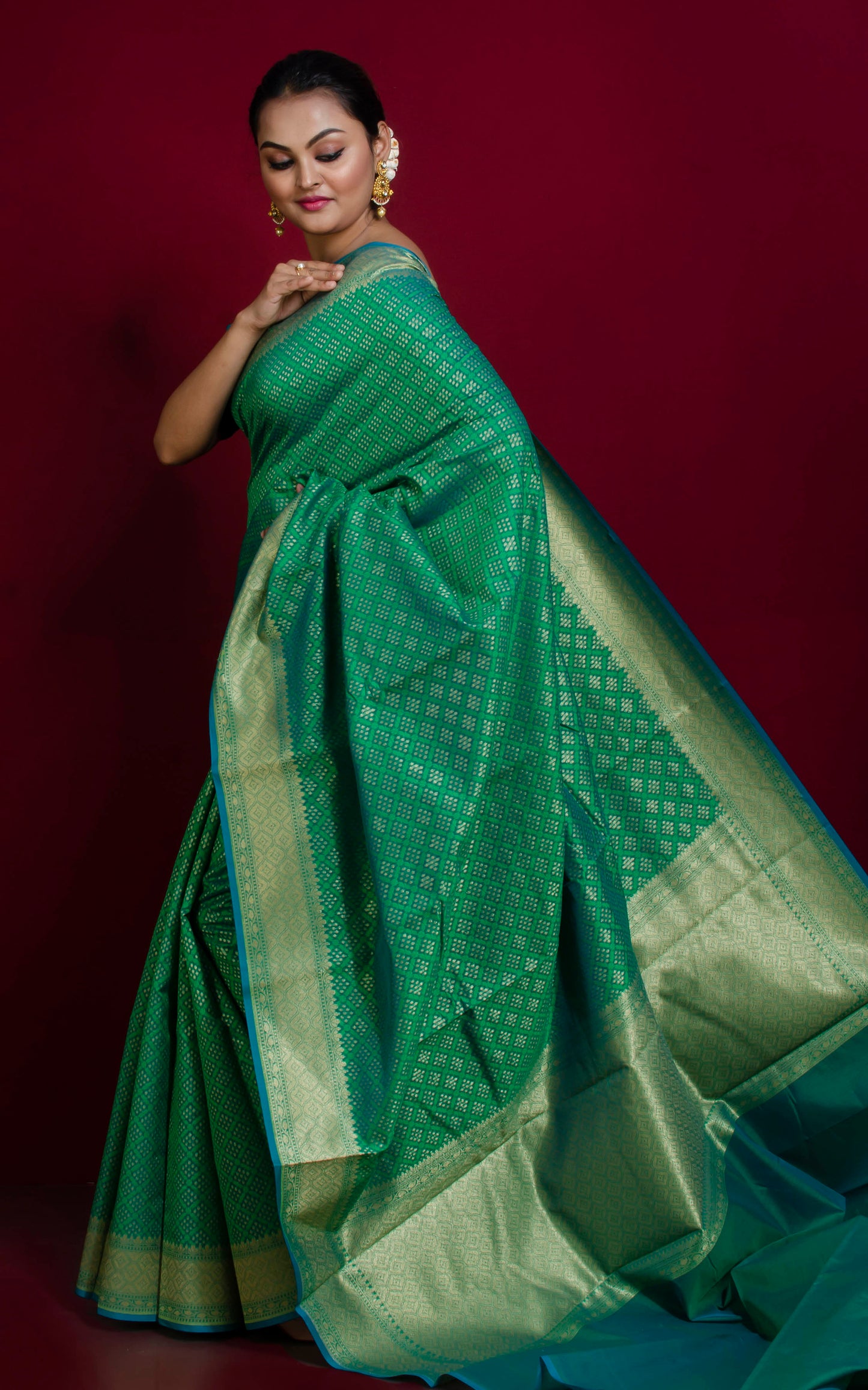 Handwoven Bandhani Pattern Work Cotton Chanderi Saree in Fern Green, Cerulean Blue and Gold Matte Zari Work