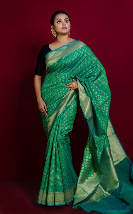 Handwoven Bandhani Pattern Work Cotton Chanderi Saree in Fern Green, Cerulean Blue and Gold Matte Zari Work